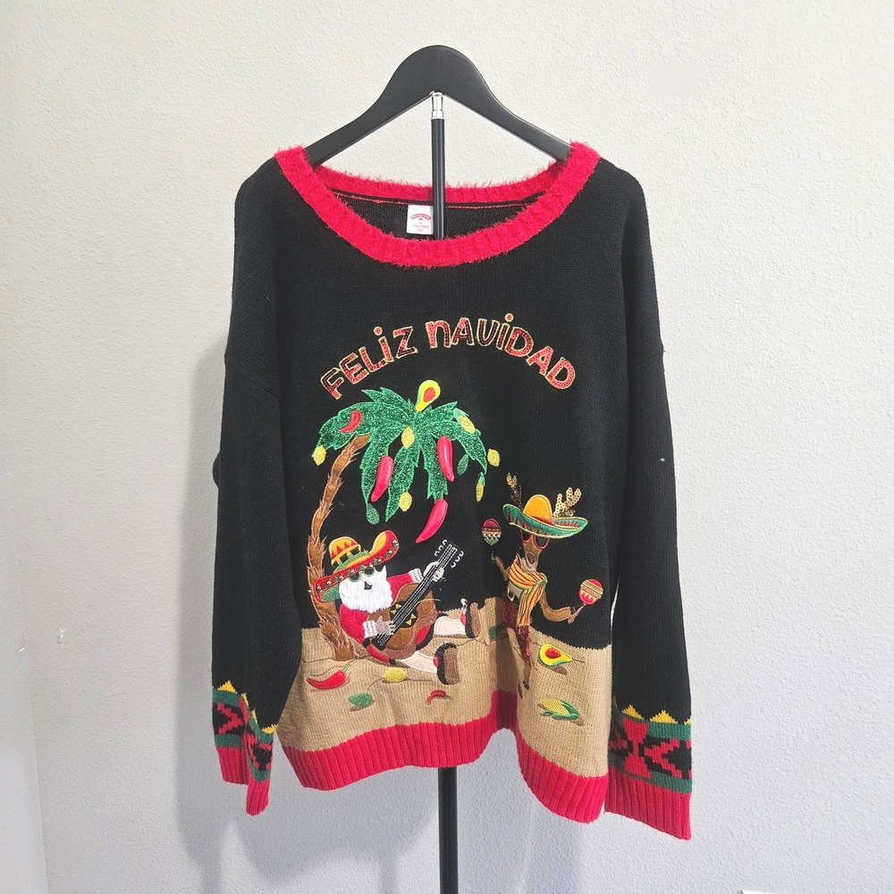 Holiday Time Feliz Navidad Sweater Womens 1X Black Tropical Ugly Christmas Party